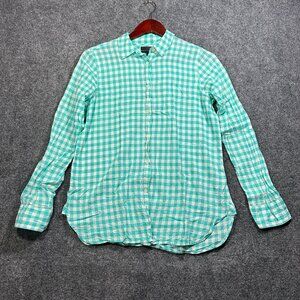 J Crew Boy Shirt Womens 4 Green Gingham Check Cotton Stretch Long Sleeve Button
